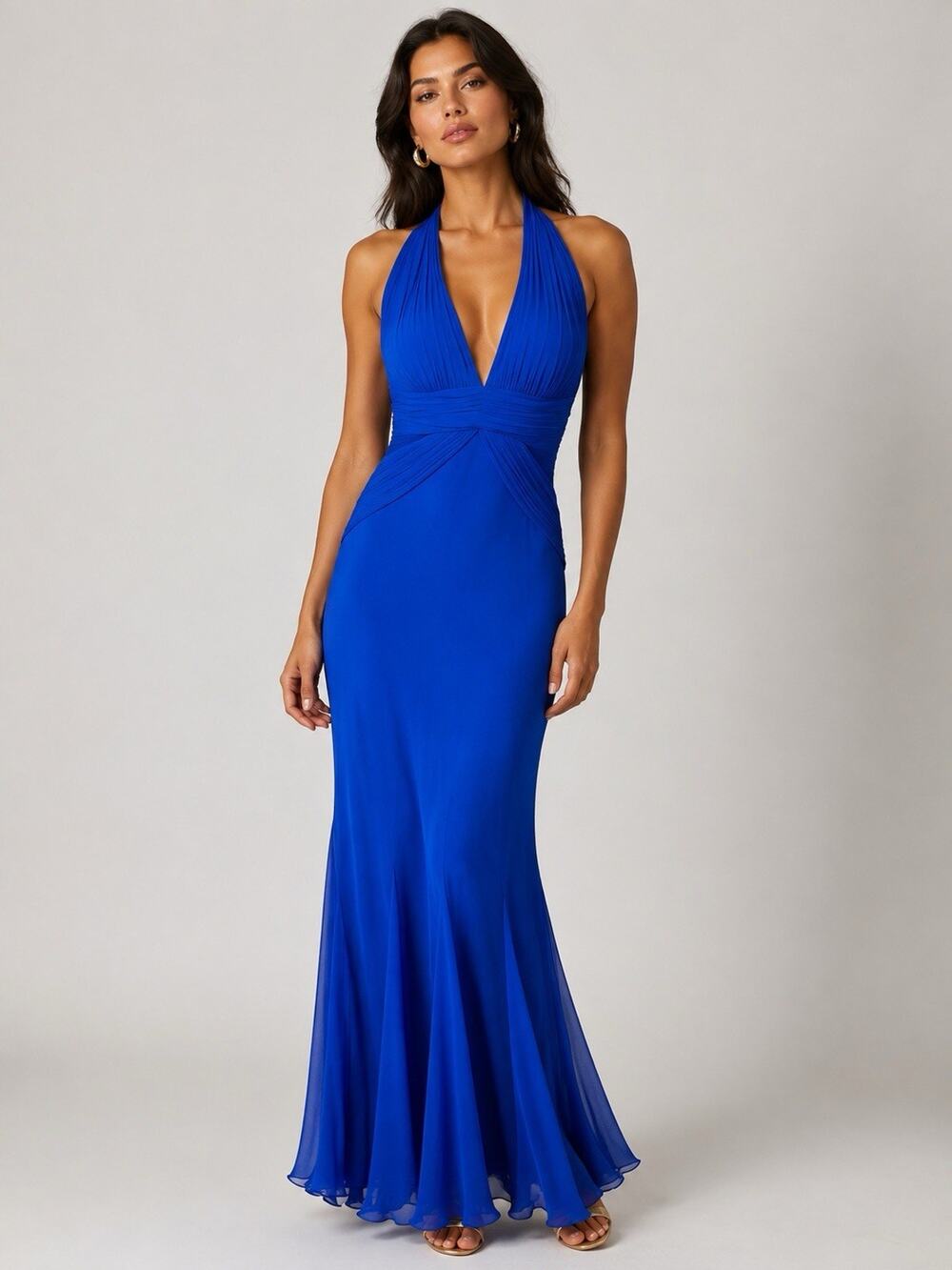 Cache 100% Silk Blue Halter Maxi Dress Women’s Size 4 Ruched Formal Evening Gown